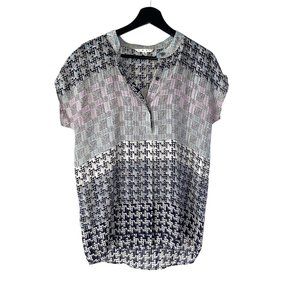 CAbi Black White Geometric Print Short Sleeve Henley Top Small